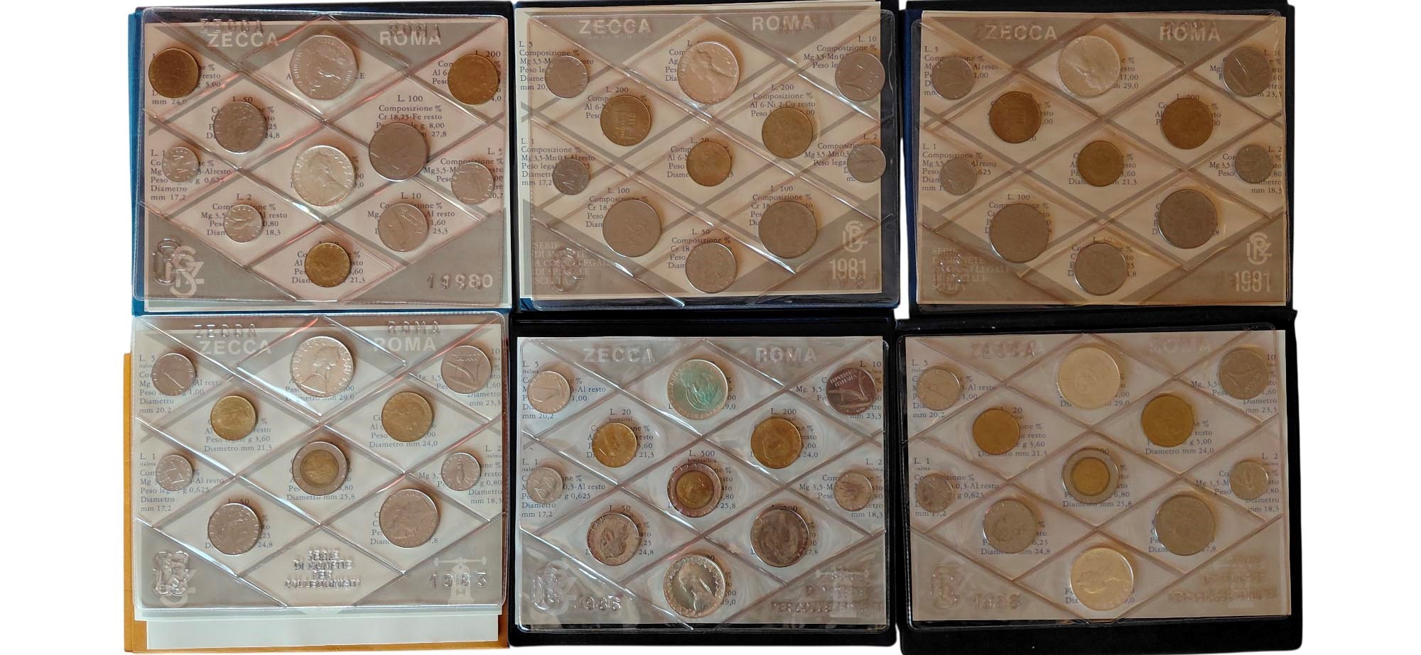 Italia 1980-1988. 6 divisionali ufficiali Fior di Conio con 9 monete d’argento complessive.