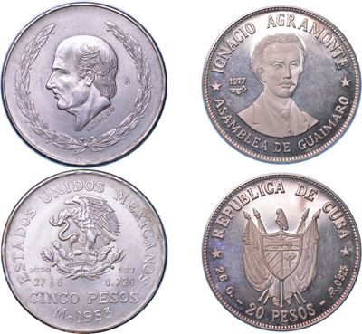Monete, Lotto di due pezzi: Cuba 20 Pesos 1977 e Messico 5 Pesos 1953