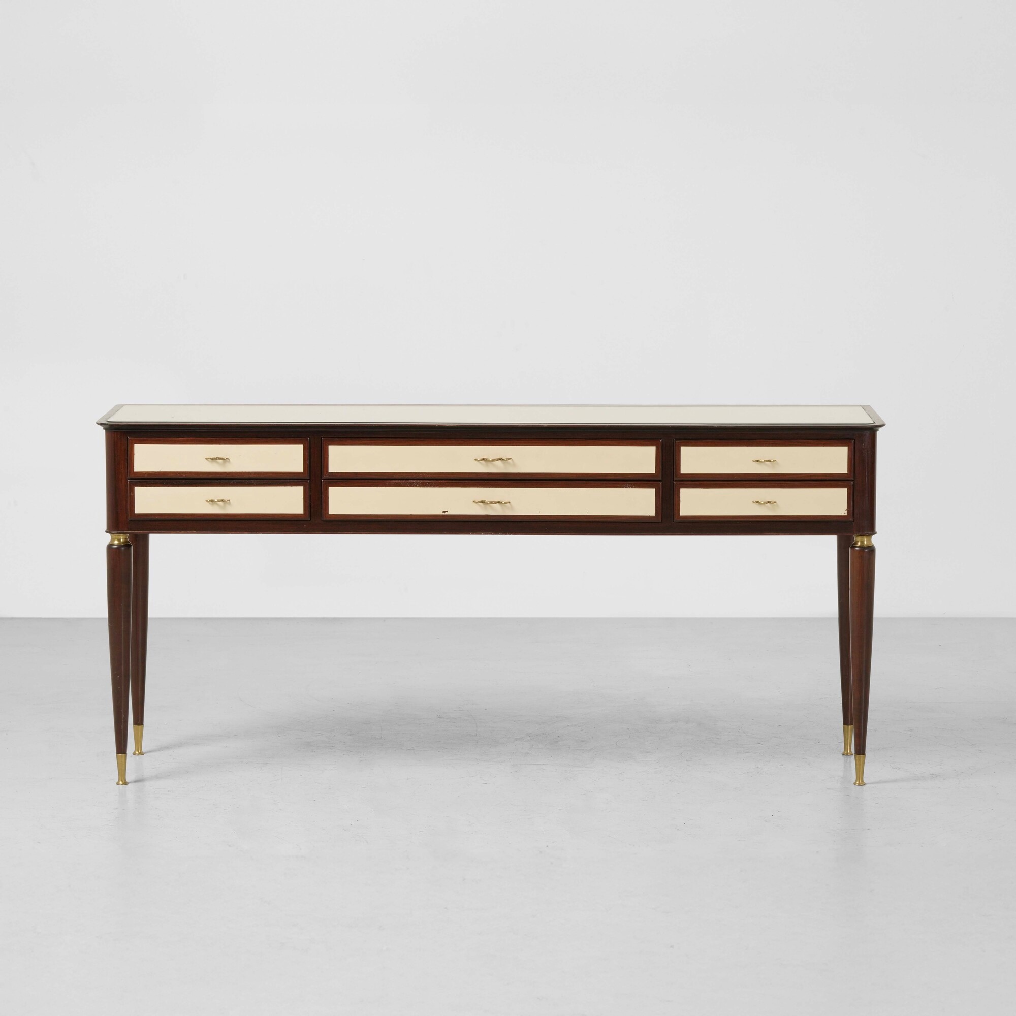 Console, struttura in legno e legno laccato con piano in cristallo specchiato