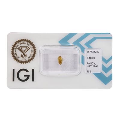 Diamante fancy yellow, taglio goccia a brillante modificato (ct 0.40), caratteristiche interne SI...
