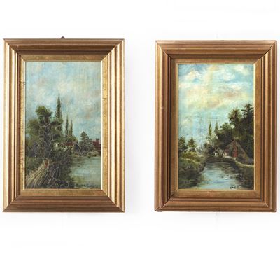 Pittore del XIX-XX secolo, Coppia di paesaggi fluviali, olio su tela, firmati e datati 1908