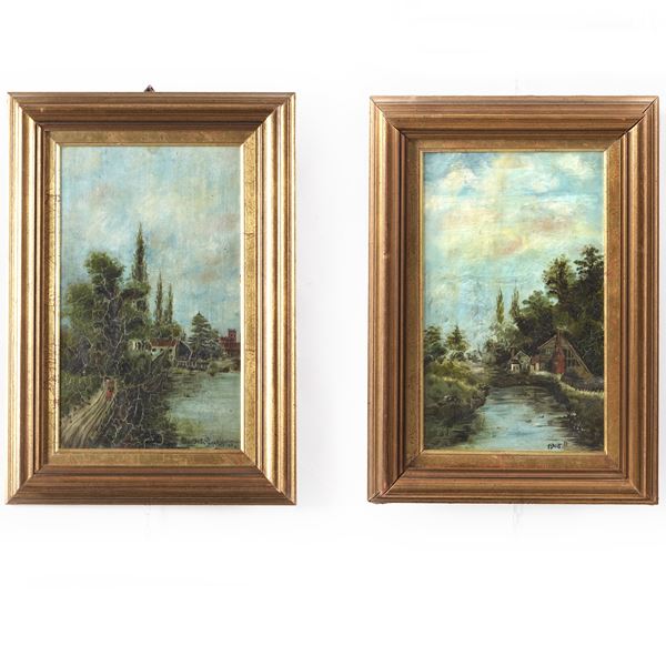 Pittore del XIX-XX secolo Coppia di paesaggi fluviali