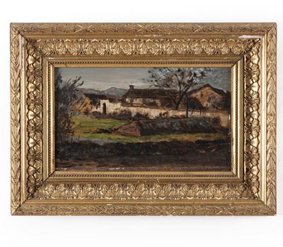 Pittore del XIX-XX secolo, Paesaggio con cascina, olio su tavola