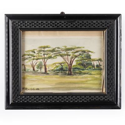 Pittore del XIX-XX secolo, Paesaggio con alberi, acquerello su carta