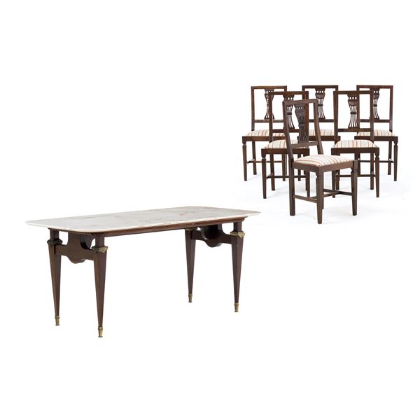 Tavolo da pranzo con sei sedie in stile Luigi XVI. XX secolo