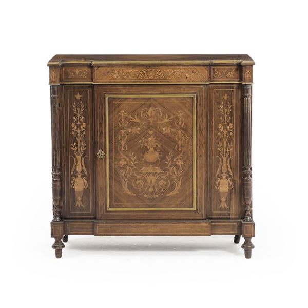 Credenzino da ingresso lastronato e intarsiato. Fine XIX-inizi XX secolo