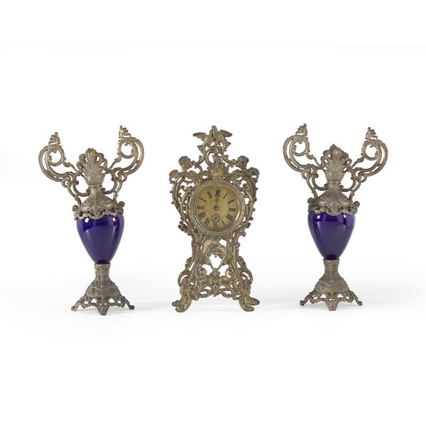 Trittico da camino in metallo e ceramica