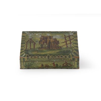 Scatola portagioie in legno dipinto, con decorazioni a scene di genere, XIX secolo