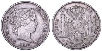 Spagna, Isabella II, 2 Escudos 1867, Argent