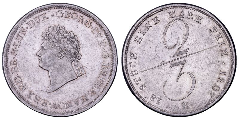 GERMANIA - HANNOVER. GEORGE IV D'INGHILTERRA, 1820-1830. 2/3 Taler 1827.  - Asta Numismatica - Cambi Casa d'Aste