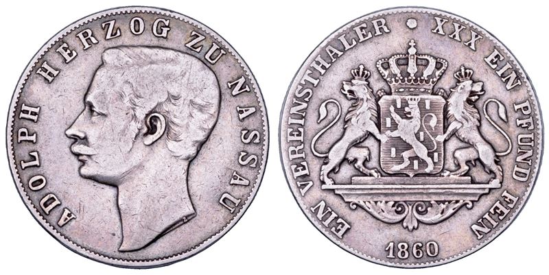 GERMANIA - NASSAU. ADOLPH, 1839-1866. Vereinstaler 1860.  - Auction Numismatics - Cambi Casa d'Aste