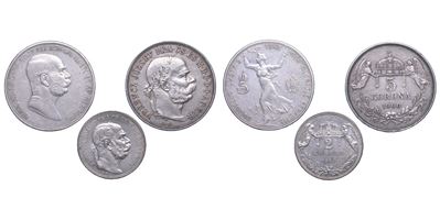 Franz Joseph, Lotto di tre monete: 5 Corona 1908, 5 Korona 1900, 2 Korona 1913