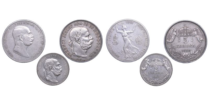 AUSTRIA E UNGHERIA. FRANZ JOSEPH, 1848-1916. Lotto di tre monete.  - Auction Numismatics - Cambi Casa d'Aste