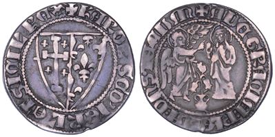 Napoli, Carlo II d’Angiò (1285–1309), Saluto d’argento con stemma a cuore e scena dell’Annunciazi...
