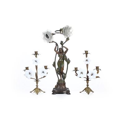 Due candelabri in opalina e lampada a due braccia con figura femminile, metallo, inizio XX secolo