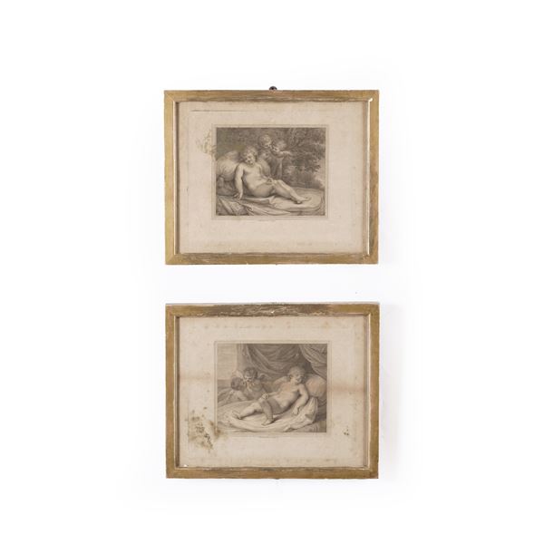 Coppia di stampe in cornice raffiguranti cherubini