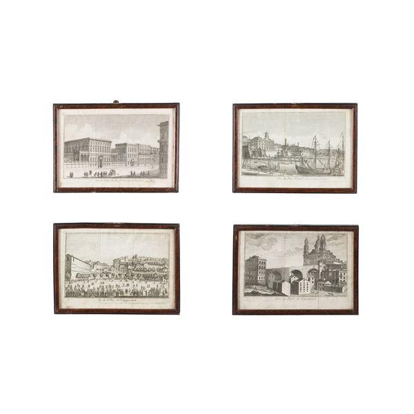 Lotto di quattro stampe in cornice raffiguranti vedute di Genova