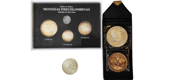 Messico-Repubblica Domenicana-Bahamas-Jamaica 1963-1993. Un proof set contenente 3 monete d’argento Fondo Specchio e 3 monete sciolte, in argento (gr. 180,75 totali).