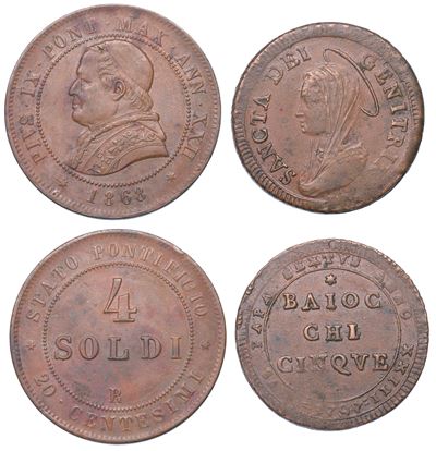 PIO VI, 5 Baiocchi 1797 e PIO IX, 4 Soldi 1868 - Lotto di due monete in rame