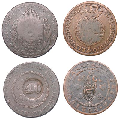 Angola, Jose' I, 1/2 Macuta 1763 con contromarca di Maria II e Brasile, 40 Reis contromarcati su ...