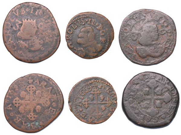 CAGLIARI. CARLO II, 1665-1700. Lotto di tre monete.