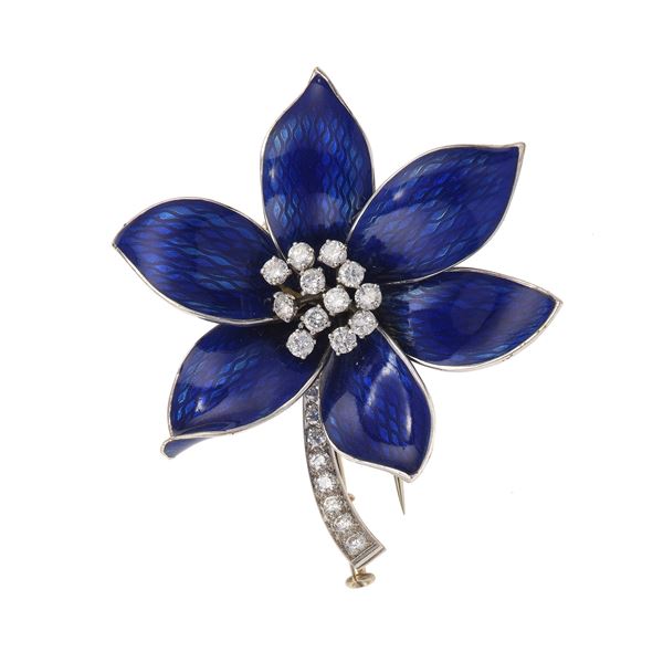 Diamond, enamel and gold clip brooch. Signed Boucheron Paris. Minor damages