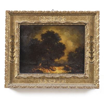 A. Zagoskin, Paesaggio con cascata, olio su tavola