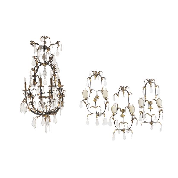 Lampadario e coppia di applique in metallo e cristalli