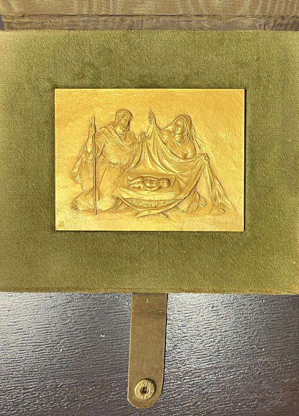 VATICANO - SACRA FAMIGLIA. Placchetta in bronzo dorato uniface.