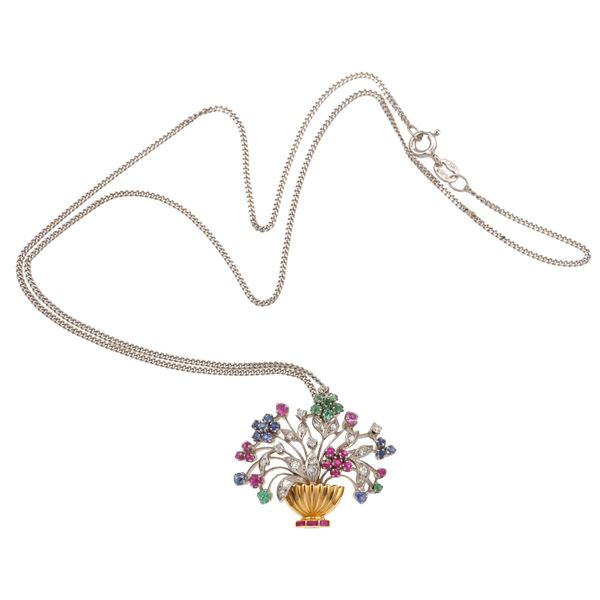 Diamond, ruby, emerald, sapphire and gold pendant necklace