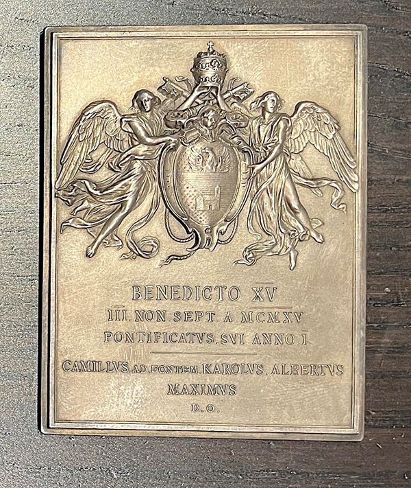 ROMA. BENEDETTO XV, 1914-1922. Placca uniface in argento 1915. Elezione al Pontificato. Commissionata dal Principe Camillo Carlo Alberto Massimo.