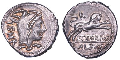 L. Thorius Balbus, Denario con testa di Giunone Lanuvia e toro curvilineo, 105 a.C.
