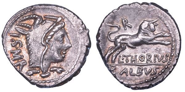 THORIA. L. Thorius Balbus, 105 a.C.   Denario.