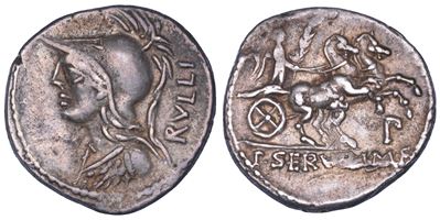 P. Servilius M. f. Rullius, Denario con busto di Minerva e Vittoria, 100 a.C.