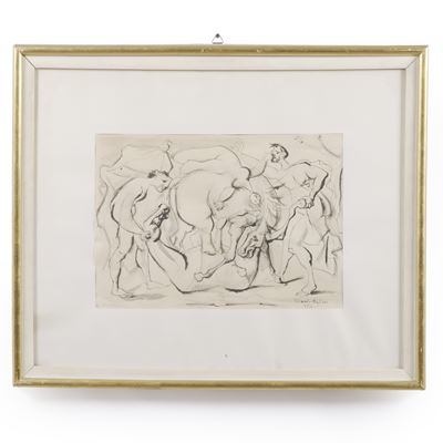 Edoardo Alfieri (a firma di), 1954 Disegno raffigurante combattimento tra uomini e cavalli