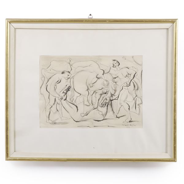 Alfieri Edoardo (a firma di), 1954 Disegno raffigurante combattimento con uomini e cavalli