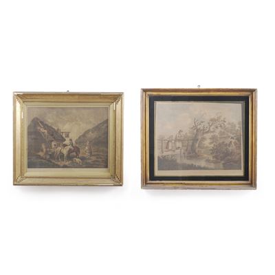 Incisore inglese del XIX secolo, Due stampe colorate con scene di genere in paesaggio agreste