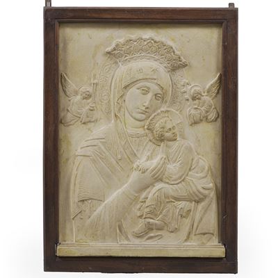 Placca decorativa, Madonna con Bambino e angeli in cemento, 43x59 cm