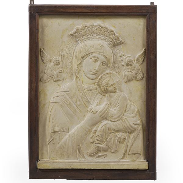 Placca in cemento Madonna con Bambino e angeli