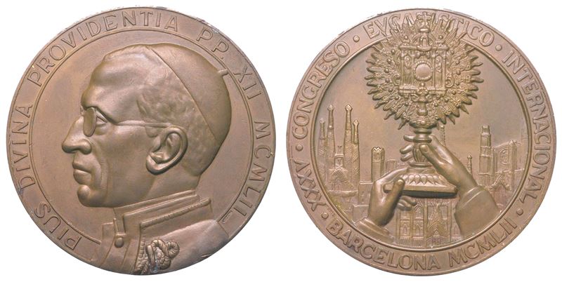 VATICANO. PIO XII, 1939-1958. Medaglia in bronzo 1952. Congresso Eucaristico di Barcellona.  - Asta Numismatica Light - Cambi Casa d'Aste