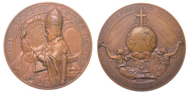 VATICANO. PIO XI, 1922-1939. Medaglia in bronzo 1927. Centenario Collegio Propaganda Fide.