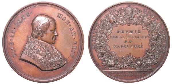 STATO PONTIFICIO. PIO IX, 1846-1878. Medaglia in bronzo 1870. Premio Esposizione romana.