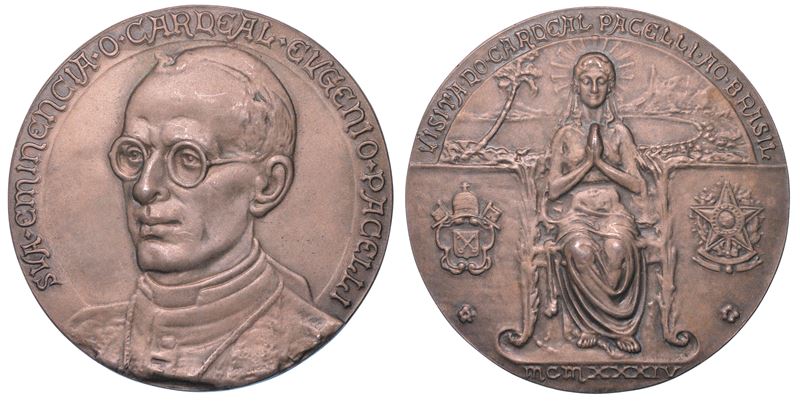 VATICANO. PIO XI, 1922-1939. Medaglia in argento 1934. Visita del Cardinal Pacelli (futuro papa Pio XII) in Brasile.  - Auction Light Numismatics - Cambi Casa d'Aste