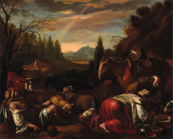 Paesaggio con pastori e contadini
