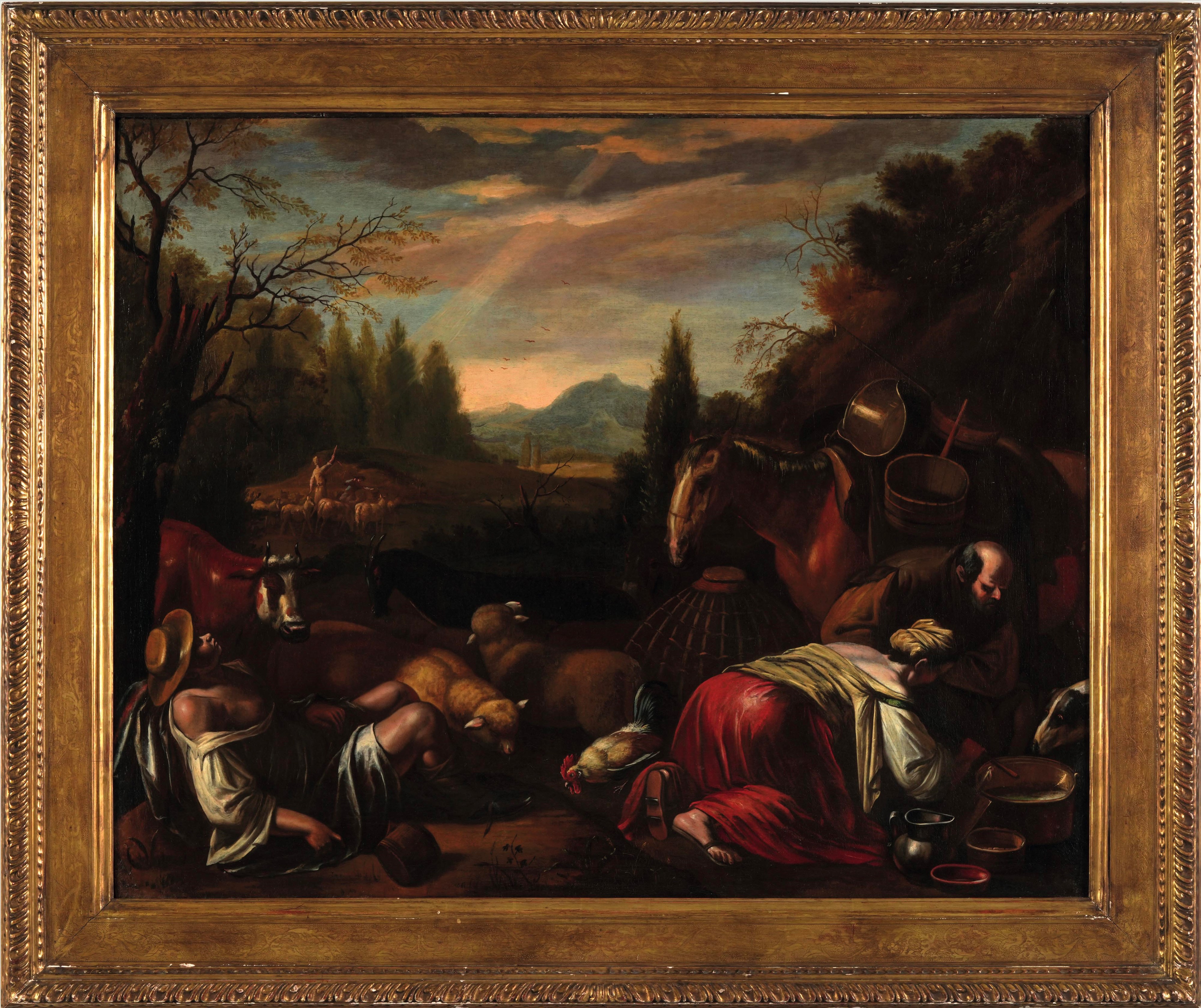 Francesco Giambattista da Ponte Detto Francesco Bassano - Paesaggio con pastori e contadini, olio...