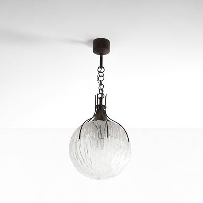 Lampada a sospensione in ottone e vetro satinato, Italia, 1960 circa