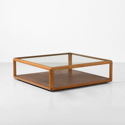 Tavolo basso mod. T114, legno e cristallo molato