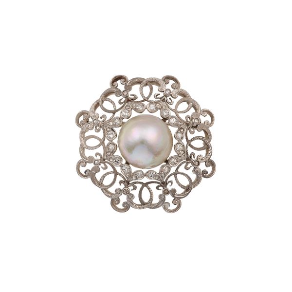 Diamond, mabé pearl and gold brooch