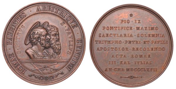 STATO PONTIFICIO. PIO IX, 1846-1878. Medaglia in bronzo 1877. Centenario del martirio SS Pietro e Paolo.