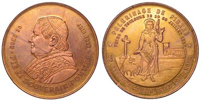 Pio IX, Medaglia in bronzo dorato, Pellegrinaggio in Pibrac, 1867